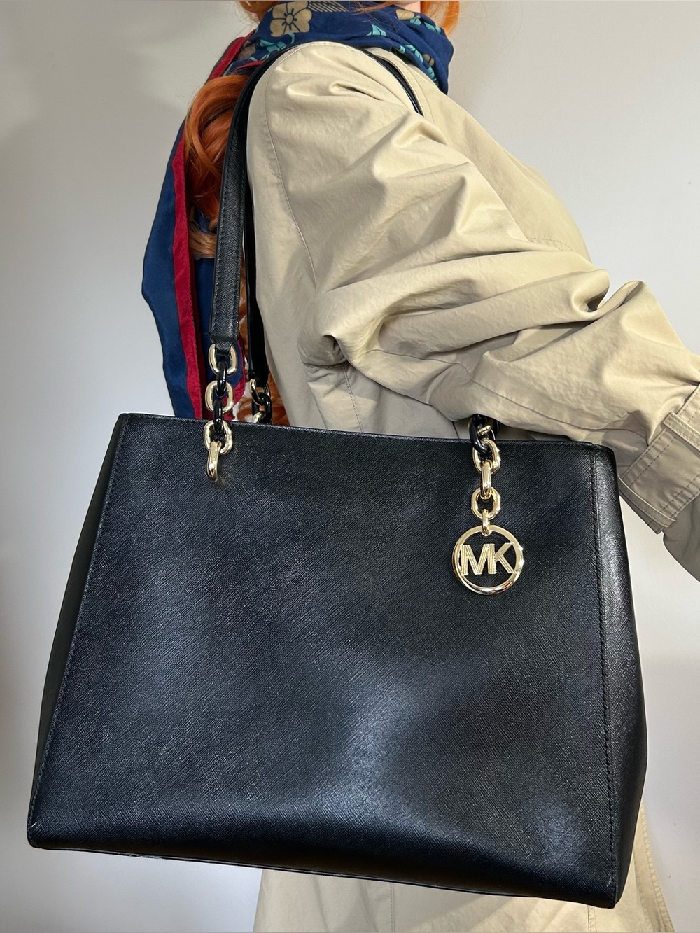 Michael Kors Black Saffiano Tote with Gold MK Charm